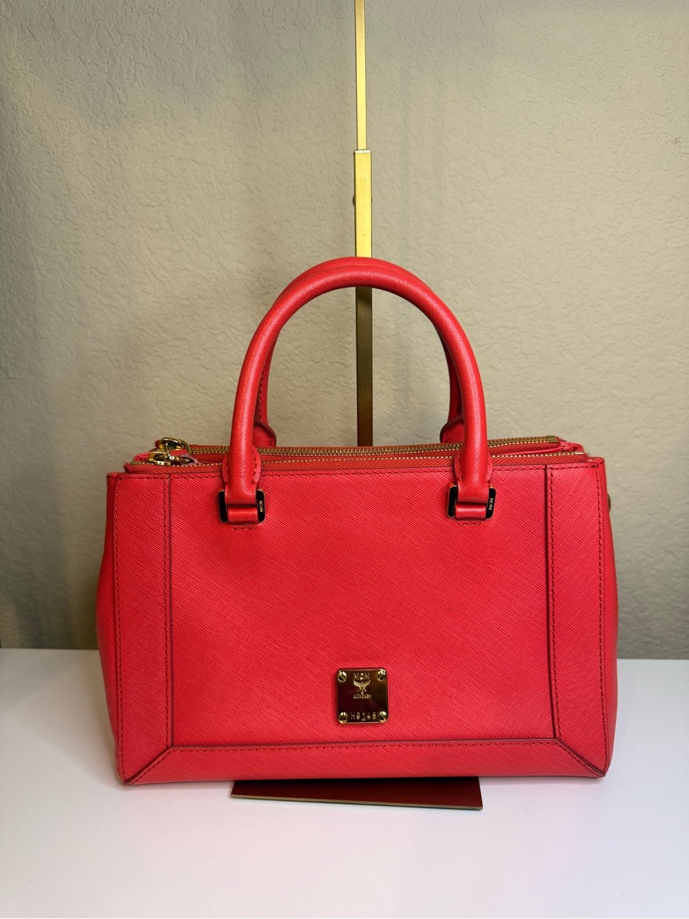 MCM Red Satchel with Gold Hardware